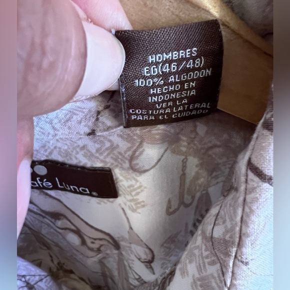 CAF'E LUNA FISH PRINT SHORT SLEEVE SHIRT BEIGE BROWN & WHITE XL(46/48)Men Cotton - Picture 6 of 16